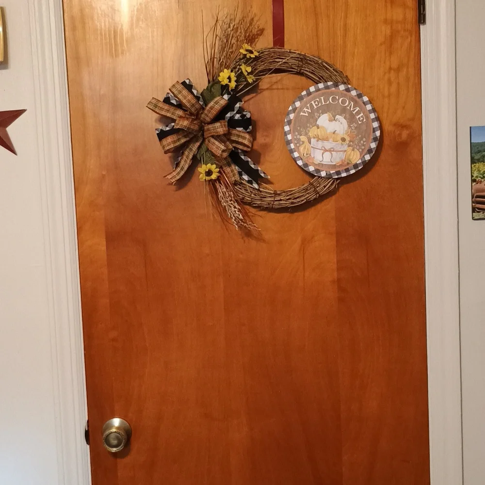 Rustic Welcome Wreath with Plaid Bow and Sunflowers